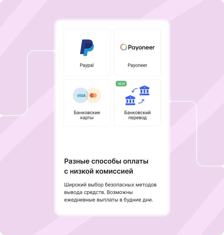 Экран вариантов оплаты в Collaborator с PayPal, Payoneer, банковскими картами и банковским переводом с низкими комиссиями