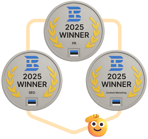 Collaborator’s three 2025 winner badges in SEO, PR, and Content Marketing, featuring the Estonian flag and laurel wreaths from TechBehemoths