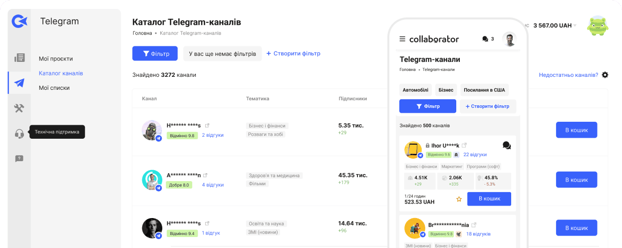 Інтерфейс Collaborator на десктопі з каталогом каналів Telegram, фільтрами, кількістю підписників, охопленням постів та боковою панеллю з деталями каналів і цінами