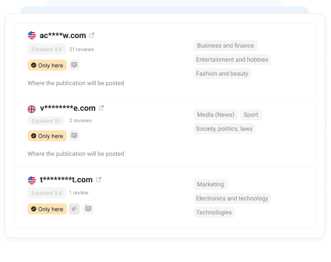 Collaborator catalog showing website listings with star ratings, category tags, and exclusive Only here badges