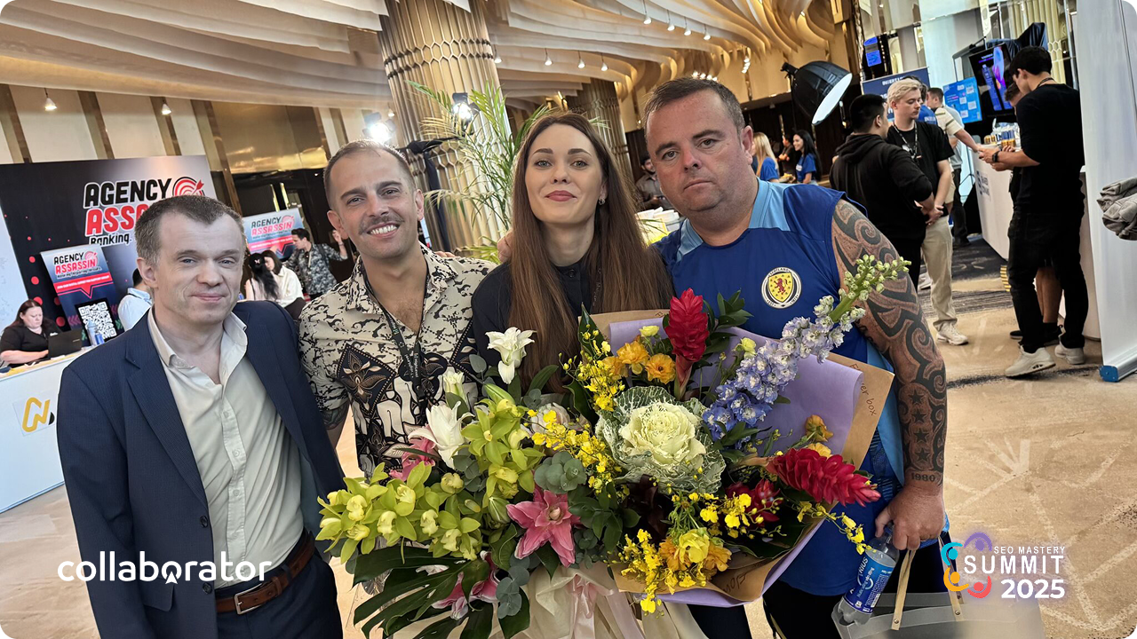 Oleksandra Khilova being congratulated on a great speech by Mads Singers, Craig Campbell, and Andrea Abbodanza